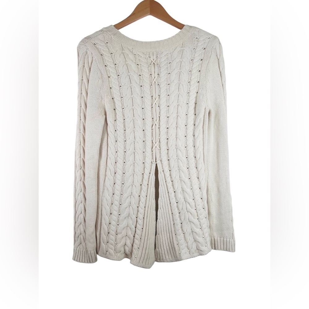 Cabi Women Cable Knit Sweater Lace Up Back in Cream Size Medium - Picture 2 of 6